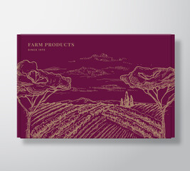 Premium Quality Box Mock Up. Organic Vector Packaging Label Design on a Cardboard Container. Modern Typography and Hand Drawn Trees, Fields and Hills Landscape Sketch Background Layout