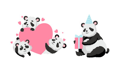 Obraz na płótnie Canvas Funny Panda Bear with Black-and-white Coat and Rotund Body Holding Gift Box and Embracing Heart Vector Set
