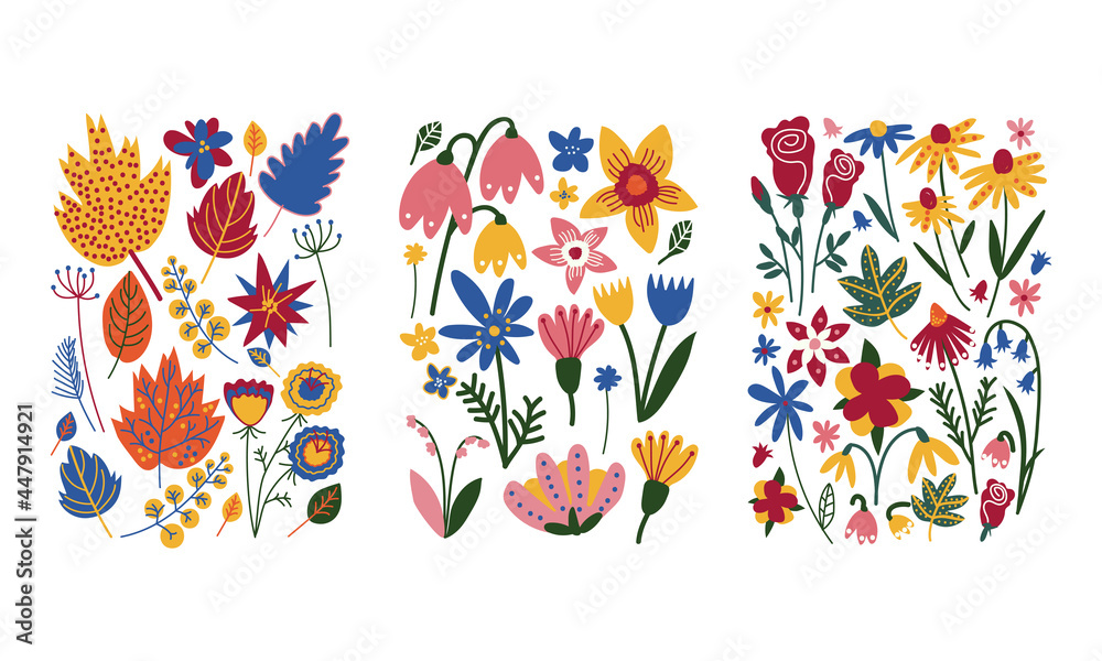 Wall mural floral doodle rectangular shape with colorful flowers vector set