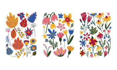 Floral Doodle Rectangular Shape with Colorful Flowers Vector Set