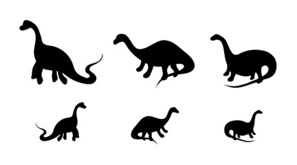 Set of black dinosaur silhouettes, three different dinosaurs, fossil, prehistoric era. Extinct dinosaur species, silhouette for a museum or for an amusement park. Vector isolated black monster icons