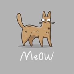 Card with  cute cartoon meow cat.  Funny doodle kitten. Vector contour image. Playful animal print.