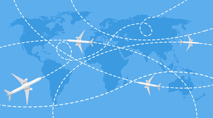 Trajectories of passenger aircraft on the blue world map