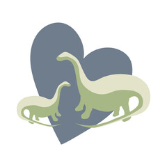 Two green dinosaurs with blue heart background, animal protection, animal love theme, dinosaur family. Concept of love for dinosaurs, parental love, can be used as logo, vector cute illustration.