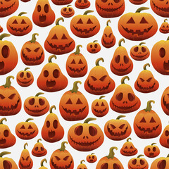 Halloween pumpkins set, funny faces. Pumpkin pattern. Jack-o-lantern facial expressions. Vector illustration for autumn holiday. 