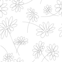 Seamless pattern in line art style, with linear daisies Minimalistic texture with simple flowers. Abstract background, minimalist wallpaper, floral print for fabric, hand drawn chamomile pattern.