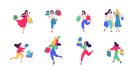 Cheerful shoppers characters illustration. Happy people with purchases. Buyers with goods and packages. Each hero is isolated on a white background. Discounts and Black Friday for consumers.