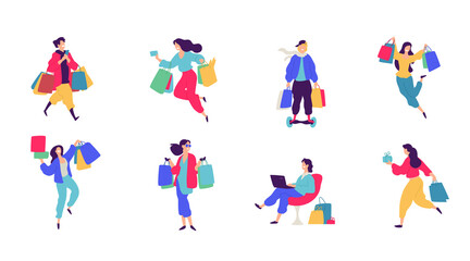 Fototapeta na wymiar Cheerful shoppers characters illustration. Happy people with purchases. Buyers with goods and packages. Each hero is isolated on a white background. Discounts and Black Friday for consumers.