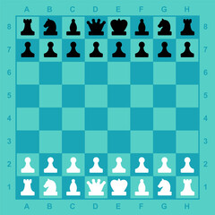 Chess pieces on the board. Ready-made complete set for the game, mobile application. Professional demo chess. Black and white shapes on a blue background. Illustration for print and web.