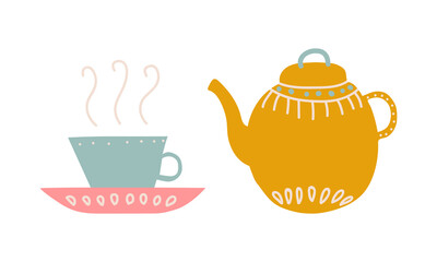 Cute Hand Drawn Teapot or Kettle for Brewing Tea and Cup on Saucer Vector Set