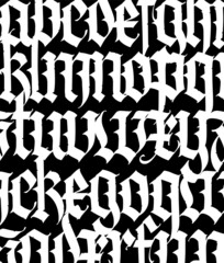 Font pattern, medieval gothic. European modern gothic. White letters on a black background. All letters are handwritten with a pen. Lower case. Ornament for packaging and clothing.