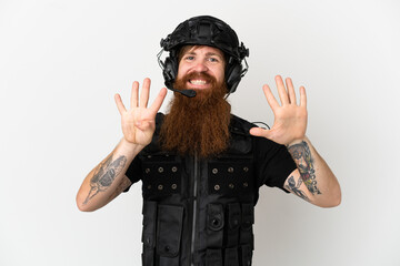 Redhead SWAT isolated on white background counting nine with fingers