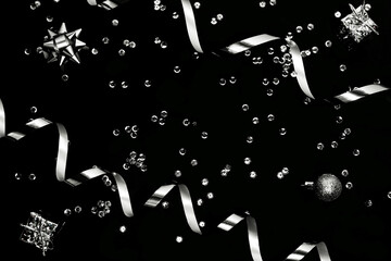Decorative present boxes, balls, silver streamer, decorative bows, stars and sequins on black...
