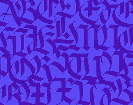 Font pattern, medieval gothic. European modern gothic. Blue letters on a light blue background. All letters are handwritten with a pen. Capital letters. Ornament for packaging and clothing.