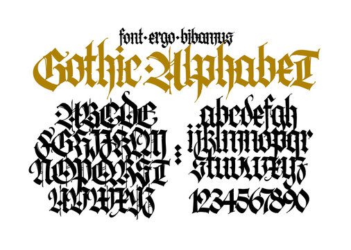 Gothic. Uppercase and lowercase black letters on a white background. Beautiful and stylish calligraphy. Elegant font for tattoo. Medieval European modern style. The letters are written with a pen.