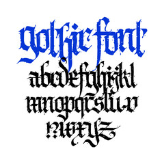 Pseudo-gothic, English alphabet. Font for tattoo, personal and commercial purposes. Letters and elements are isolated on a white background. Calligraphy for inscriptions. Modern grunge style.