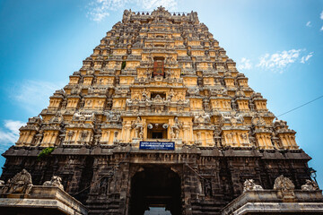 Entrance tower ( Gopuram) of Ekambareswarar Temple, Earth Linga Kanchipuram, Tamil Nadu, South India - Religion and Worship scenario image. The Famous Hindu God Temple, Indias Best Tourism Place