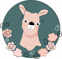 Vector illustration of a pink llama in a round frame with floral elements, childrens design, print, postcard.