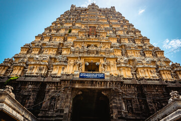 Entrance tower ( Gopuram) of Ekambareswarar Temple, Earth Linga Kanchipuram, Tamil Nadu, South India - Religion and Worship scenario image. The Famous Hindu God Temple, Indias Best Tourism Place