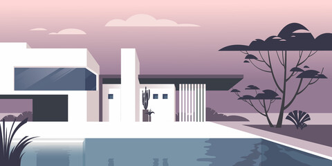 Contemporary residential architecture, abstract flat vector illustration. Drawing for landing page mockup, advertising booklet design or banner.
