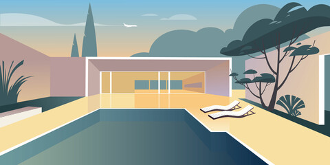 Architecture bacContemporary residential architecture, abstract flat vector illustration. Drawing for landing page mockup, advertising booklet design or banner.