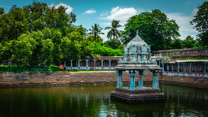 Fototapeta na wymiar The Great Pond of Ekambareswarar Temple, Earth Linga Kanchipuram, Tamil Nadu, South India - Religion and Worship scenario image. The Famous Hindu God Temple, Indias Best Tourism Place