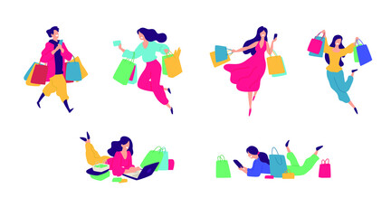 Fototapeta na wymiar Cheerful shoppers characters illustration. Vector. Happy people with purchases. Buyers with goods and packages. Each hero is isolated on a white background. Discounts and Black Friday for consumers.