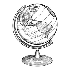 Hand drawn standing globe with South and North America. Vintage sketch on white background. Vector illustration.