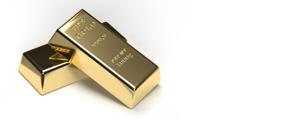 Banking, business and investment concept: 3d render pure Gold bars on blank white background with large copy space. Two blocks in 1000 gr and 999,9 ingots. Treasure objects for wealth and saving money