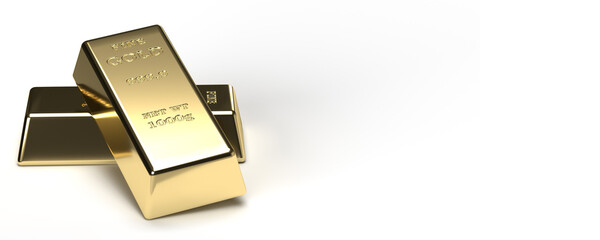 Banking, business and investment concept: 3d render pure Gold bars on blank white background with large copy space. Two blocks in 1000 gr and 999,9 ingots. Treasure objects for wealth and saving money