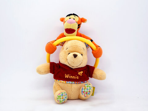 Tigger and Winnie the Pooh.  Friend  Eeyore Igor and Piglet and Christopher Robin teddy bear. Honey loving yellow bear. Walt Disney character from books, movies and television series. Toys for child