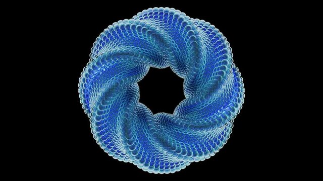 Beautiful abstract twisted torus made of blue glass balls rotates. VJ moving background in a seamless loop. Mobius strip rotation animation. 3d animation of abstract blue flower. Shine ring.