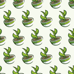 Simple seamless pattern of plant on the pot colored cartoon style illustration background template vector