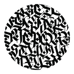 Medieval Gothic pattern. Vector. European modern gothic. Black letters in a circle on a white background. All letters are handwritten with a pen. Capital letters. Ornament for packaging and clothing.
