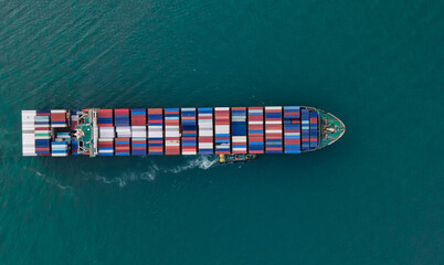 Fototapeta premium Aerial view Logistics and transportation of Container Cargo ship and Cargo import export and business logistics