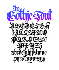 Gothic. Vector. Uppercase and lowercase black letters on a white background. Beautiful and stylish calligraphy. Elegant European typeface for tattoo and design. Medieval Germanic modern style.