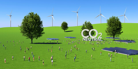 爽やかな草原に建つ立体的なシンボルと群衆の3Dレンダリンググラフィックス / 脱炭素社会・カーボンニュートラル・再生可能エネルギー・サステナブルのコンセプトイメージ