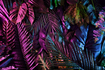 Tropical dark trend jungle in neon illuminated lighting for background. Exotic palms and plants in...
