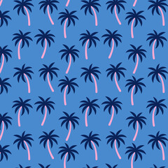 Fototapeta na wymiar Palm trees on blue background. Summer wallpaper or fabric template. Vector seamless pattern