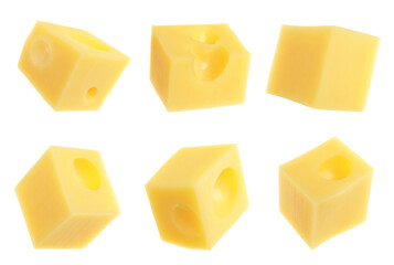 Pieces of delicious cheese on white background, collage