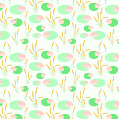 Cute water lilies and reeds in pastel colors. Vector seamless pattern. Wallpaper or fabric template
