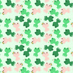 Cute little pink and green frogs. Vector seamless pattern. Children's wallpaper or fabric template