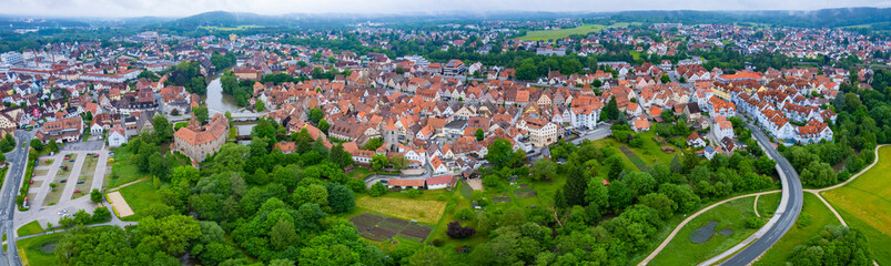 Aerial view of the city Lauf an der Pegnitz in Germany, Bavaria on a cloudy day in spring.