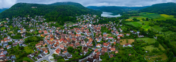 Aerial view of the city Happurg in Germany, Bavaria. on a cloudy day in spring