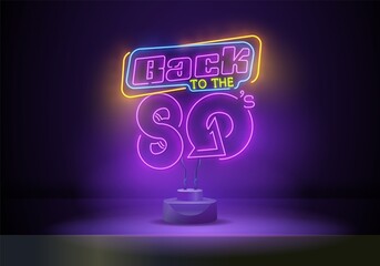 Back to the 80s neon sign vector. 80 s Retro style Design template neon sign, light banner, neon signboard, nightly bright advertising, light inscription. Vector illustration - obrazy, fototapety, plakaty