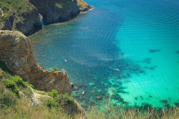 Blue sea, mountains, seascape, beach, blue lagoon. Crimea, Cape Phiolent