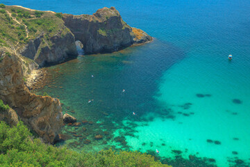 Blue sea, mountains, seascape, beach, blue lagoon. Crimea, Cape Phiolent