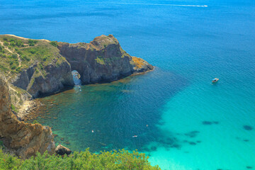 Blue sea, mountains, seascape, beach, blue lagoon. Crimea, Cape Phiolent