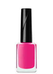 Bottle of studio shot bright pink nail polish isolated on white background