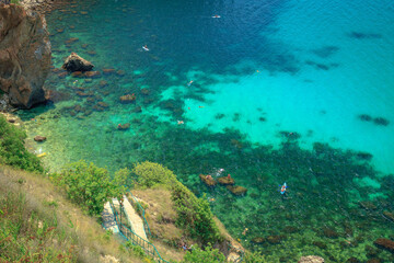 Blue sea, mountains, seascape, beach, blue lagoon. Crimea, Cape Phiolent